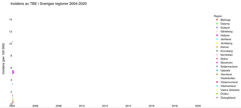 Animated illustration of TBE incidence in Sweden 2004 to 2020